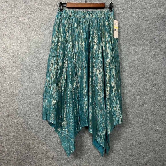 Nanette Lepore Skirt Womens M Teal Gold Pull On Elastic Waist Handkerchief Hem - Picture 2 of 16
